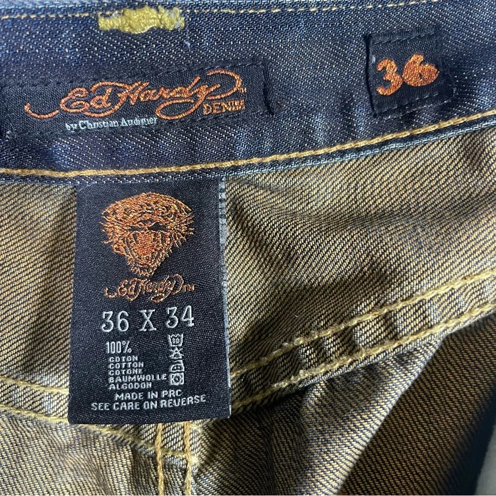 Ed Hardy Mens‎ 36X34  Yellow Logo Dark Wash Denim Distressed Designer Jeans Y2K